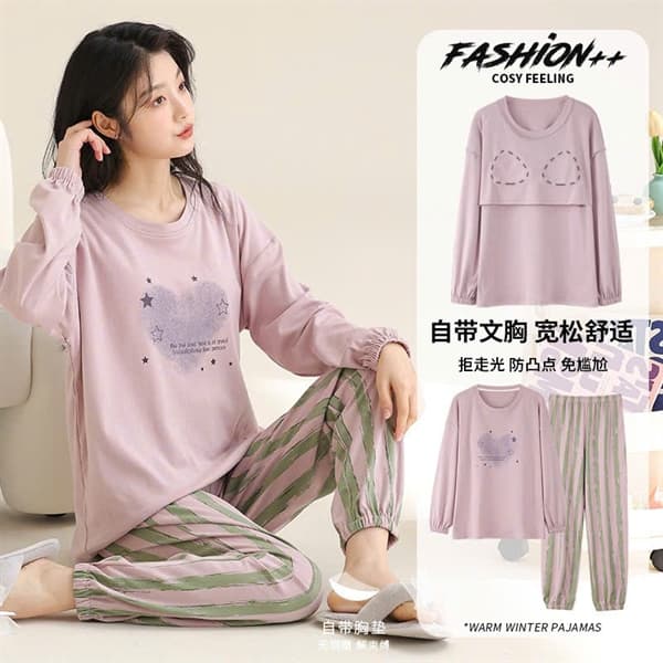 Bộ mặc nhà dài tay cổ tròn có đệm mút ngực