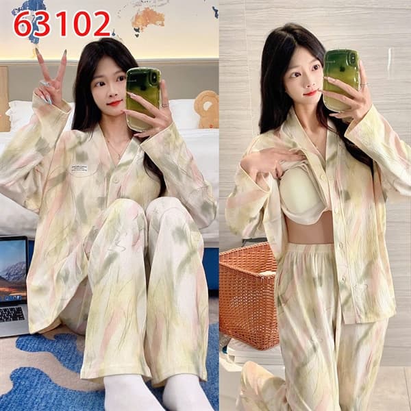 Bộ mặc nhà dài tay cổ chữ v có đệm ngực cotton