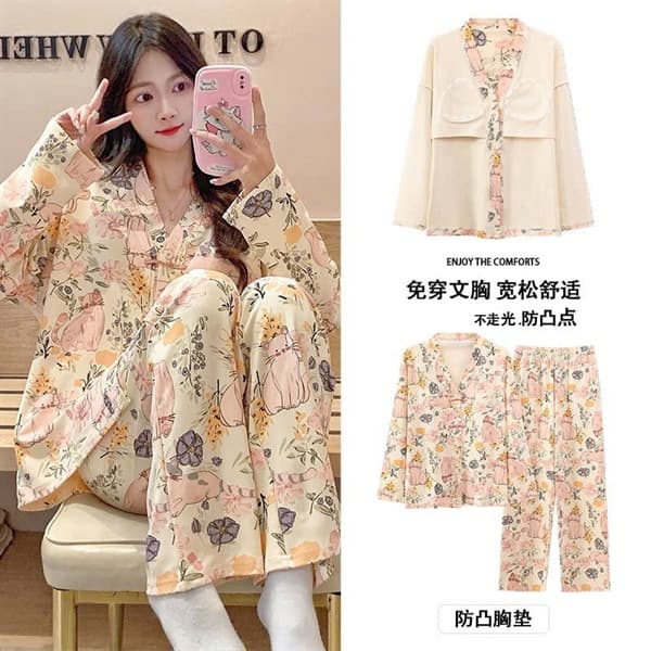 Bộ mặc nhà dài tay cổ chữ v có đệm ngực hàng
