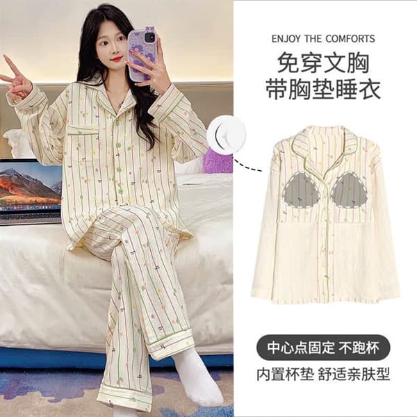 Bộ pijama có đệm ngực dài tay cotton