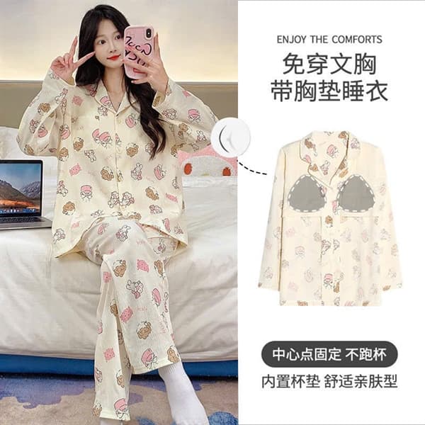 Bộ pijama có đệm ngực dài tay cotton