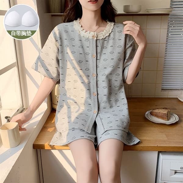 Bộ cộc cotton cài khuy xám có đệm ngực q3904