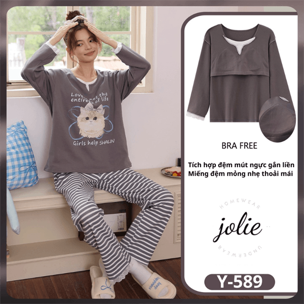 Bộ tay dài cổ tròn cotton có đệm ngực