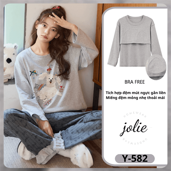 Bộ tay dài cổ tròn cotton có đệm ngực