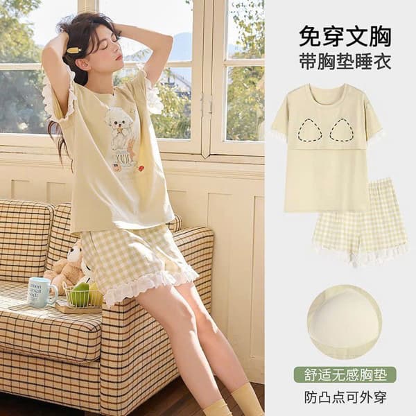 Bộ mặc nhà cộc cổ tròn cotton có đệm ngực