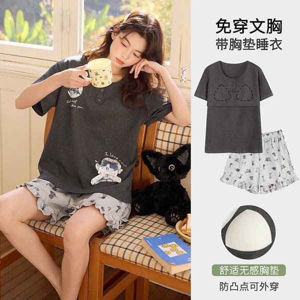 Bộ mặc nhà cộc cổ tròn cotton có đệm ngực