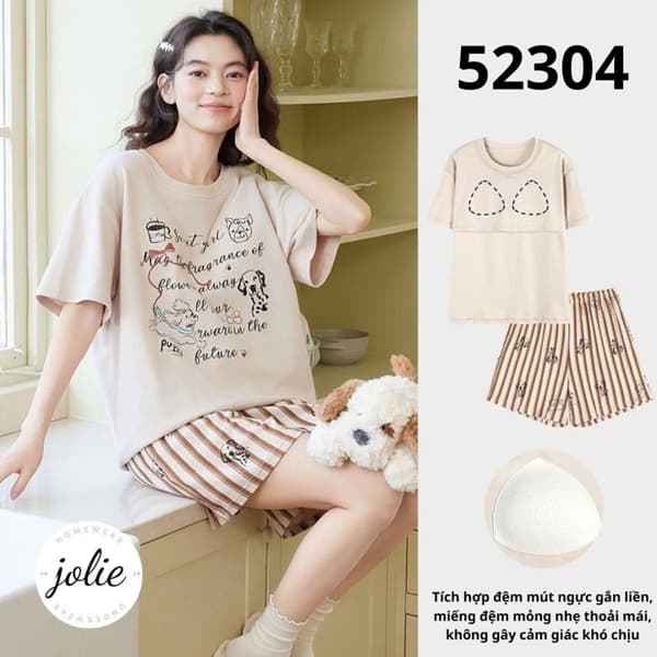 Bộ mặc nhà cộc cổ tròn cotton có đệm ngực