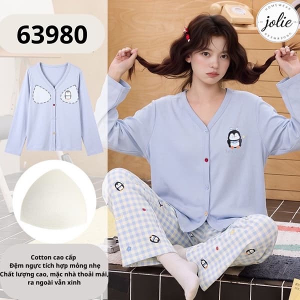 Bộ đồ ngủ dài tay có khuy cotton có đệm ngực