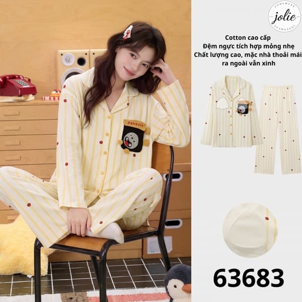 Bộ đồ ngủ dài tay pijama cotton có đệm ngực