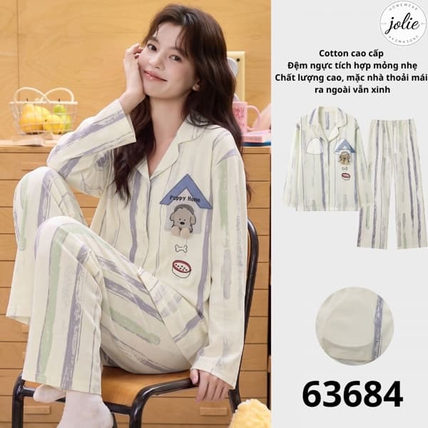 Bộ đồ ngủ dài tay pijama cotton có đệm ngực