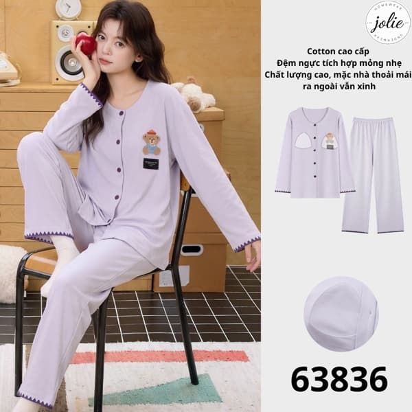 Bộ đồ ngủ dài tay cài khuy cotton có đệm ngực