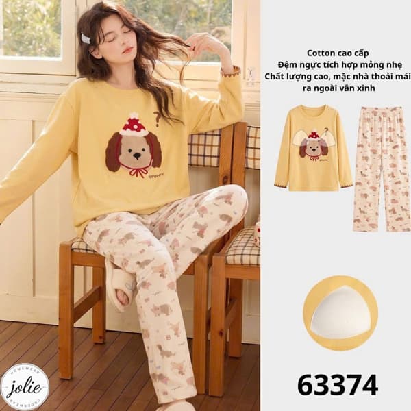 Bộ đồ ngủ dài tay cổ tròn cotton có đệm ngực