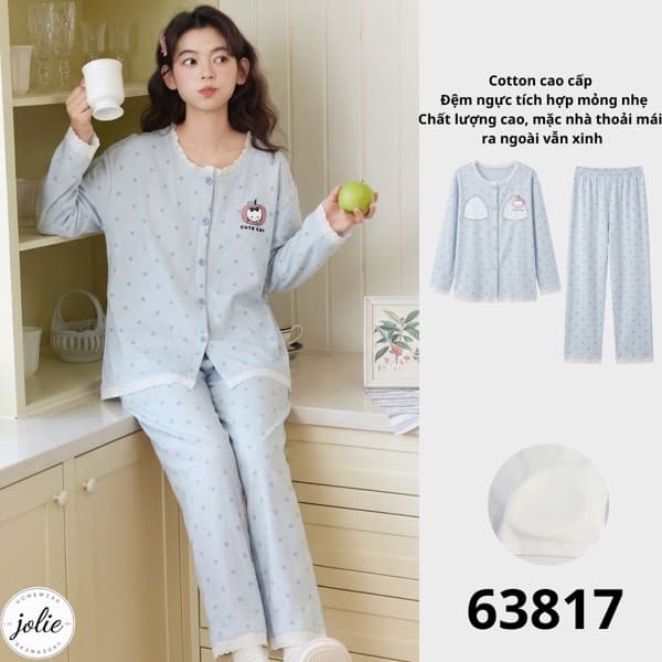 Bộ đồ ngủ dài tay cổ tròn có khuy cotton, đệm ngực
