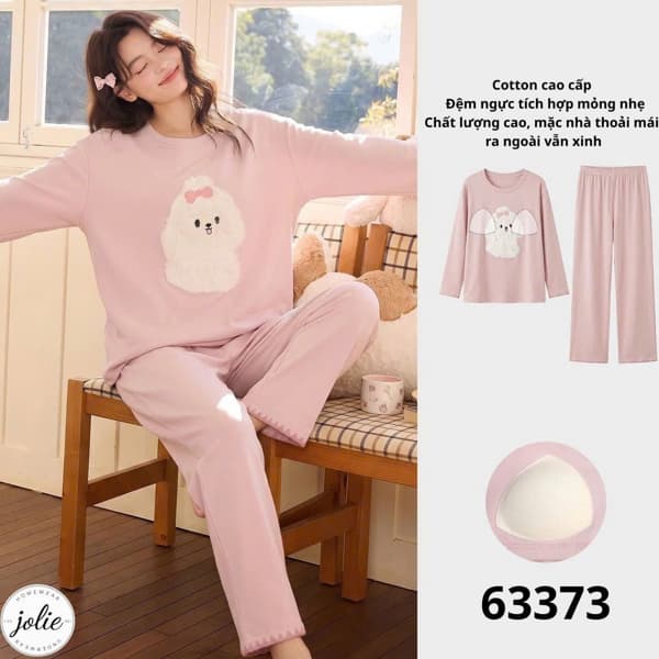 Bộ đồ ngủ dài tay cổ tròn cotton có đệm ngực