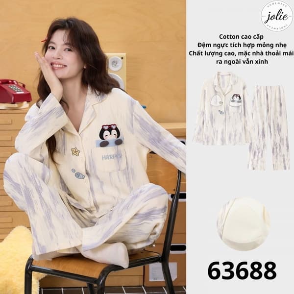 Bộ đồ ngủ dài tay pijama cotton có đệm ngực
