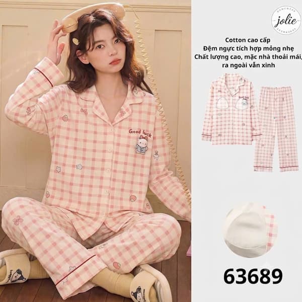 Bộ đồ ngủ dài tay pijama cotton có đệm ngực