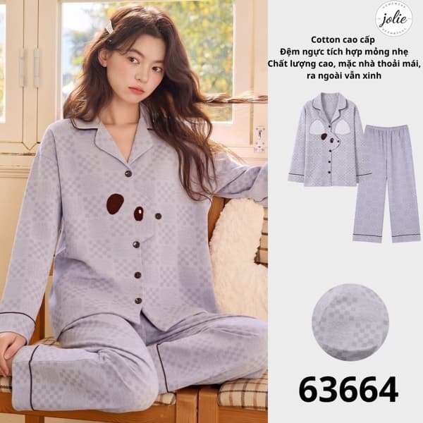 Bộ đồ ngủ dài tay pijama cotton có đệm ngực