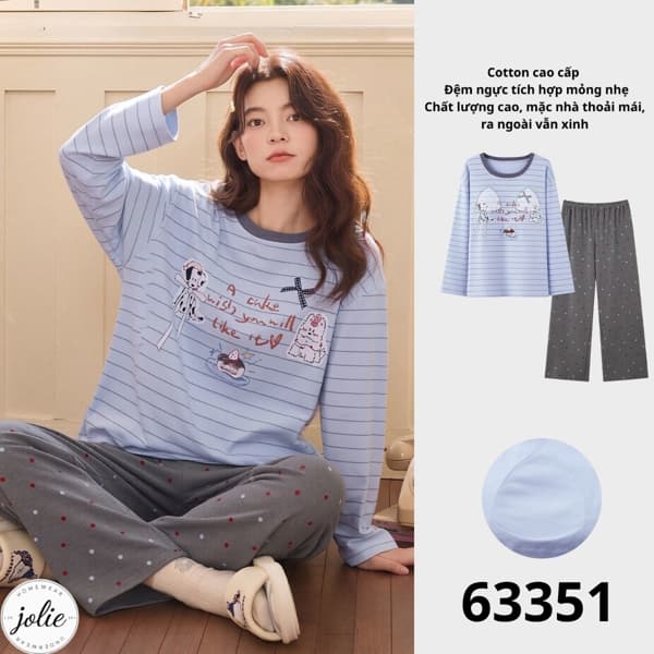 Bộ đồ ngủ dài tay cổ tròn 100% cotton, có đệm ngực
