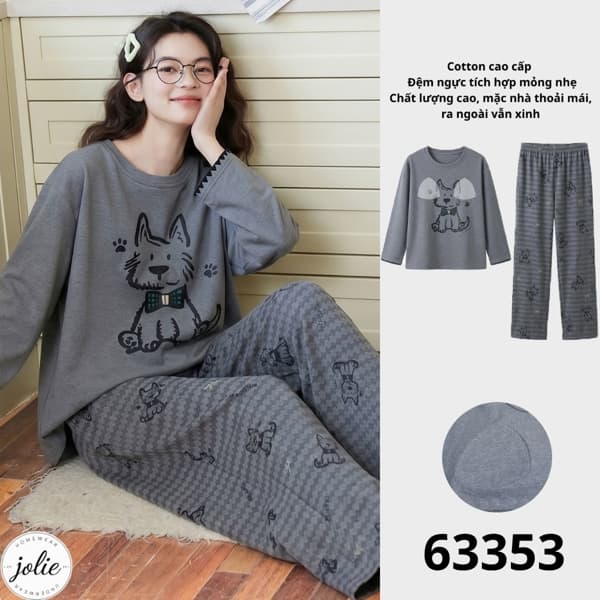 Bộ đồ ngủ dài tay cổ tròn 100% cotton, có đệm ngực
