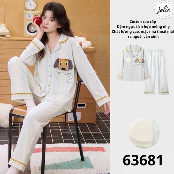 Bộ đồ ngủ dài tay pijama cotton có đệm ngực