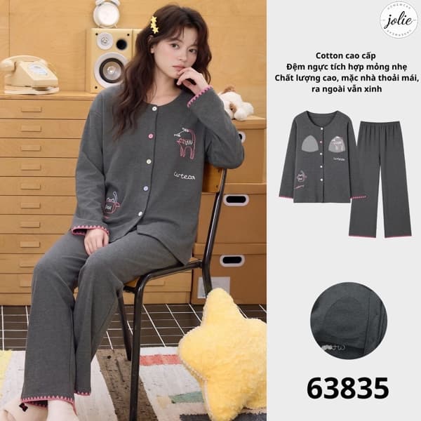 Bộ đồ ngủ dài tay cài khuy cotton có đệm ngực