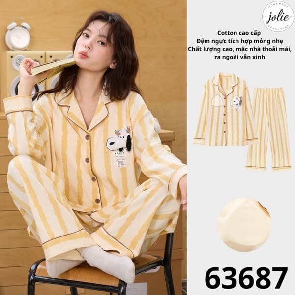 Bộ đồ ngủ dài tay pijama cotton có đệm ngực