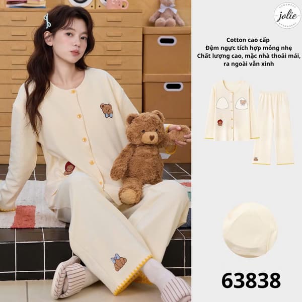 Bộ đồ ngủ dài tay cài khuy cotton có đệm ngực