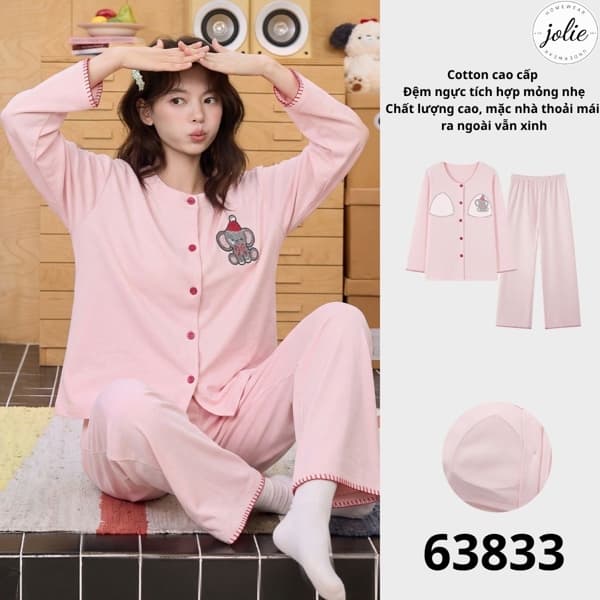 Bộ đồ ngủ dài tay cài khuy cotton có đệm ngực