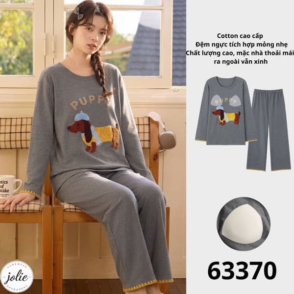 Bộ đồ ngủ dài tay cổ tròn cotton có đệm ngực