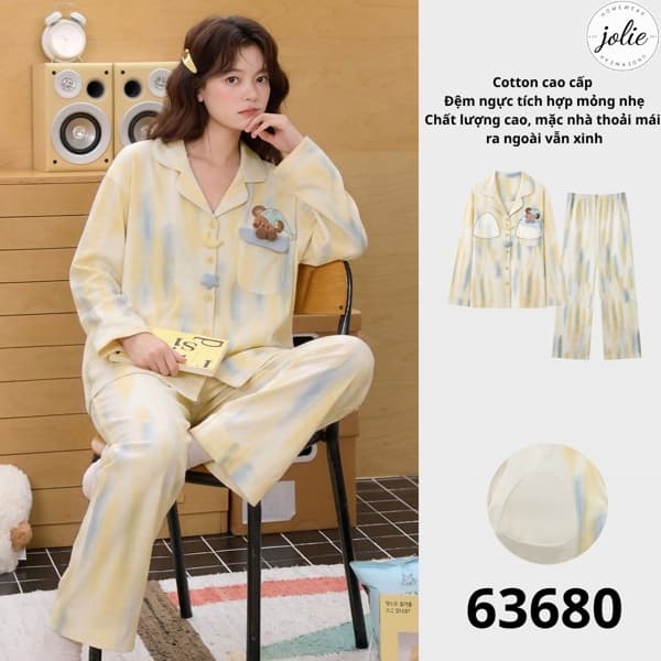 Bộ đồ ngủ dài tay pijama cotton có đệm ngực