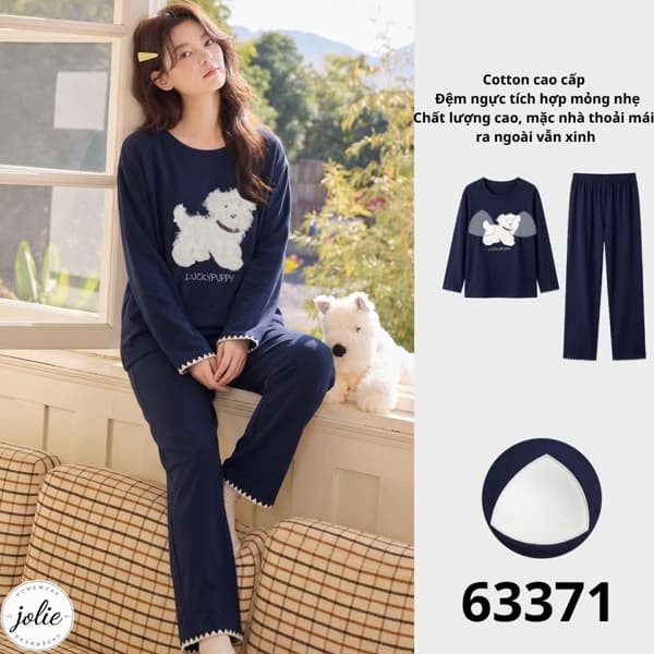 Bộ đồ ngủ dài tay cổ tròn cotton có đệm ngực