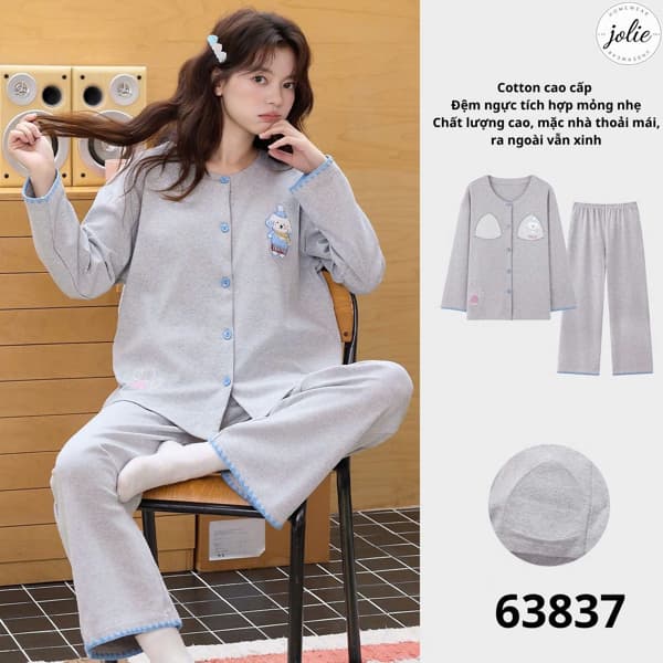 Bộ đồ ngủ dài tay cài khuy cotton có đệm ngực