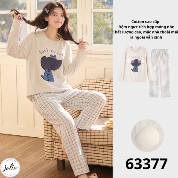 Bộ đồ ngủ dài tay cổ tròn cotton có đệm ngực