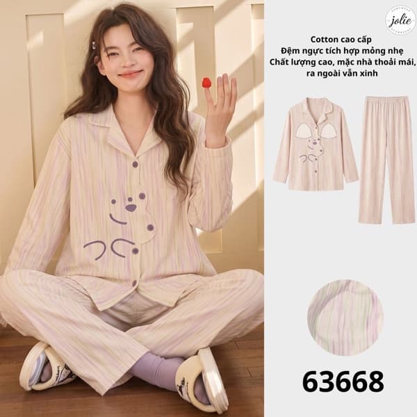 Bộ đồ ngủ dài tay pijama cotton có đệm ngực