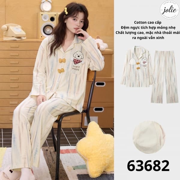 Bộ đồ ngủ dài tay pijama cotton có đệm ngực