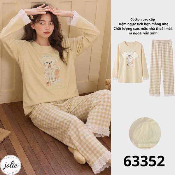 Bộ đồ ngủ dài tay cổ tròn 100% cotton, có đệm ngực