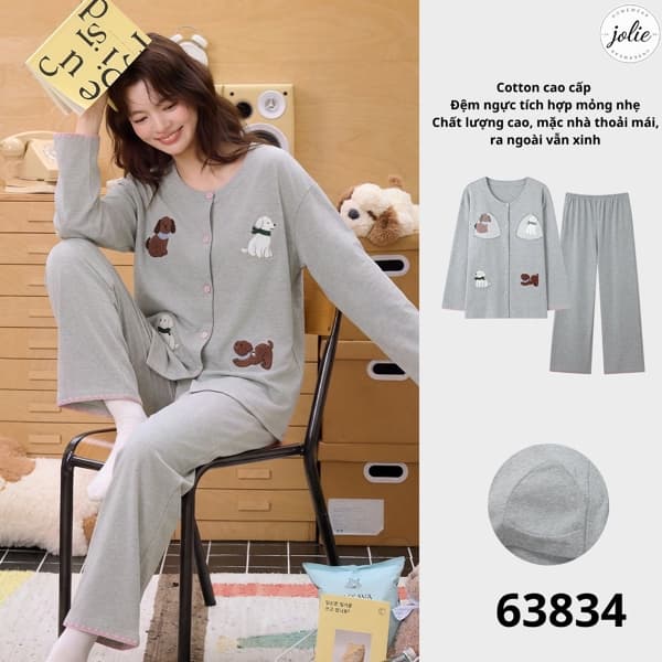 Bộ đồ ngủ dài tay cài khuy cotton có đệm ngực