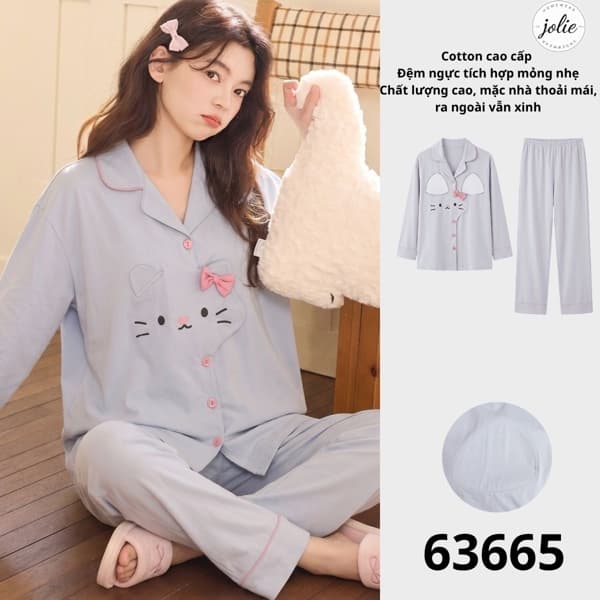 Bộ đồ ngủ dài tay pijama cotton có đệm ngực