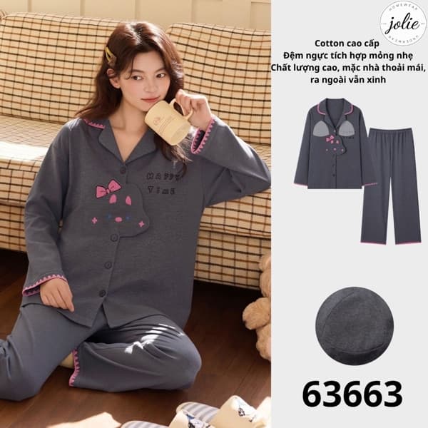 Bộ đồ ngủ dài tay pijama cotton có đệm ngực