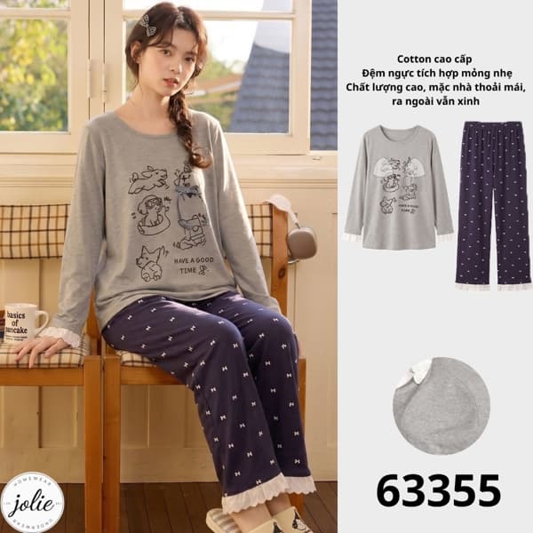 Bộ đồ ngủ dài tay cổ tròn 100% cotton, có đệm ngực