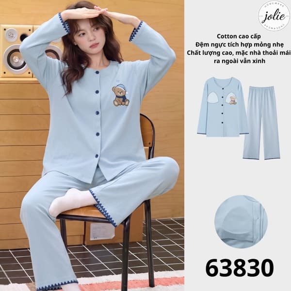 Bộ đồ ngủ dài tay cài khuy cotton có đệm ngực
