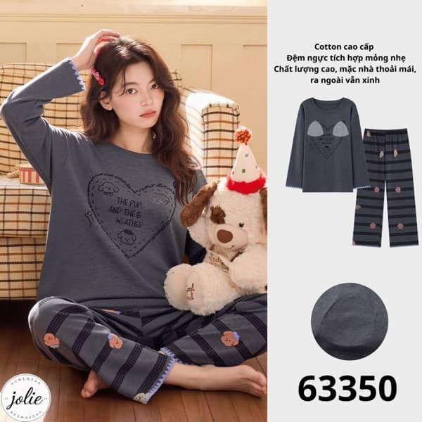 Bộ đồ ngủ dài tay cổ tròn 100% cotton, có đệm ngực