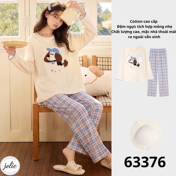 Bộ đồ ngủ dài tay cổ tròn cotton có đệm ngực