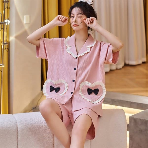 Bộ cotton áo cộc quần short - hồng nơ đen 1738