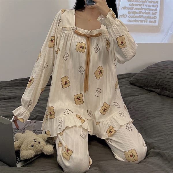 Bộ cotton dài tay bo gấu - nơ vàng