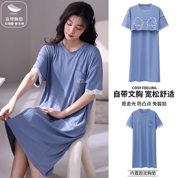 Váy cotton cộc tay cổ tròn đệm ngực xanh túi ngực 89122