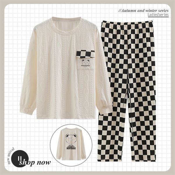 Bộ cotton dài tay cổ tròn - túi gấu quần ô vuông