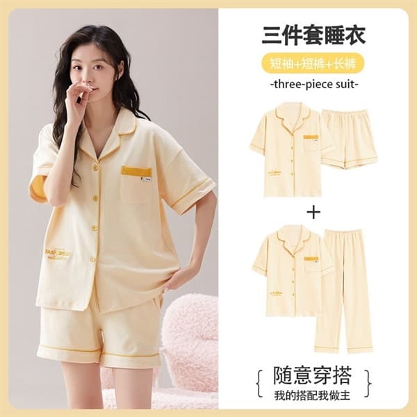 Set 3 món pijama có cổ áo cộc + quần short + quần dài