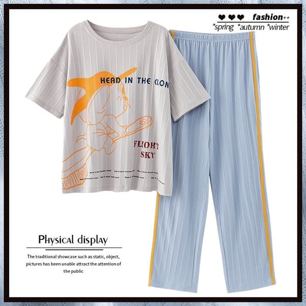 Bộ cotton cổ tròn áo cộc quần dài - xám xanh