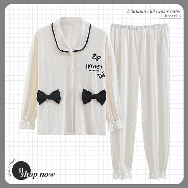Bộ cotton cổ bẻ - nơ đen